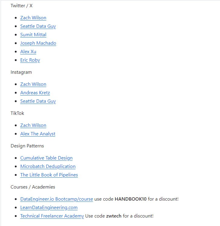 数据工程手册，汇总了成为数据工程师需要学习的各种学习资源，包括书籍、网络社区、开源项目、优秀视频教程、频道、播客等，为数据工程师提供一个全面和系统的学习路径
