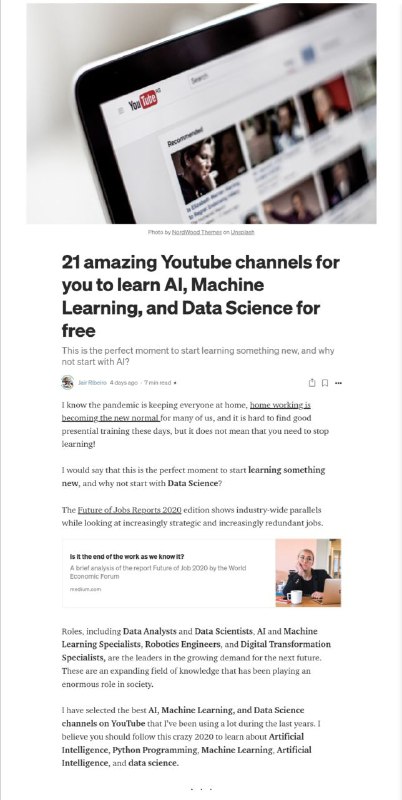 21个免费学习 #人工智能 、 #机器学习 和 #数据科学 的精彩Youtube频道 传送门
