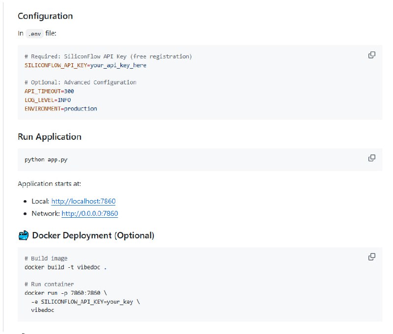 构思一个产品方案，写技术文档，画架构图总是耗时费力？VibeDoc 是一个AI驱动的产品经理和架构师助手，能在1-3分钟内根据你的创意自动生成完整的开发计划、技术方案、架构图和AI编码提示