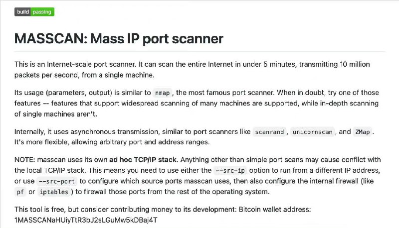 TCP 端口扫描 #工具 Masscan，5 分钟内扫描整个互联网
