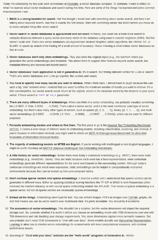 37 Things I Learned About Information Retrieval in Two Years at a Vector Database Company这篇文章总结了作者在向量数据库公司Weaviate工作的两年中，对信息检索的深刻见解
