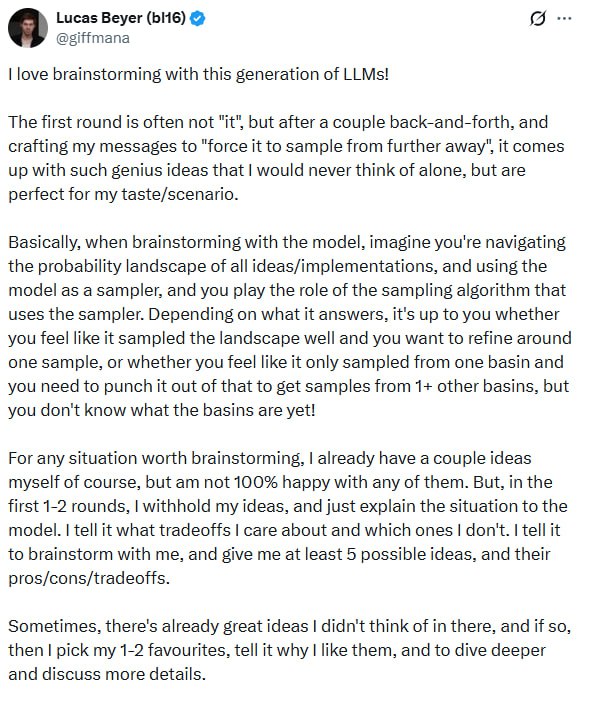 将大语言模型（LLM）视为头脑风暴的工具，本质上是在进行一场关于创意概率空间的探索