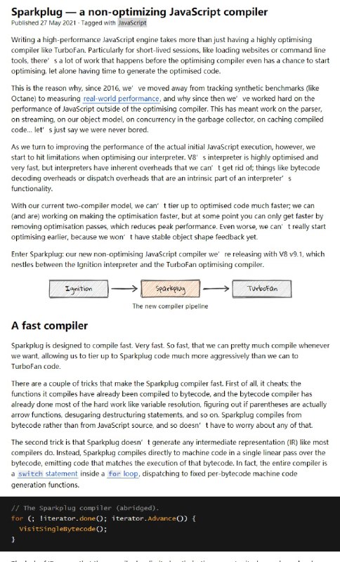 Sparkplug  一个非优化的 #JavaScript #编译器