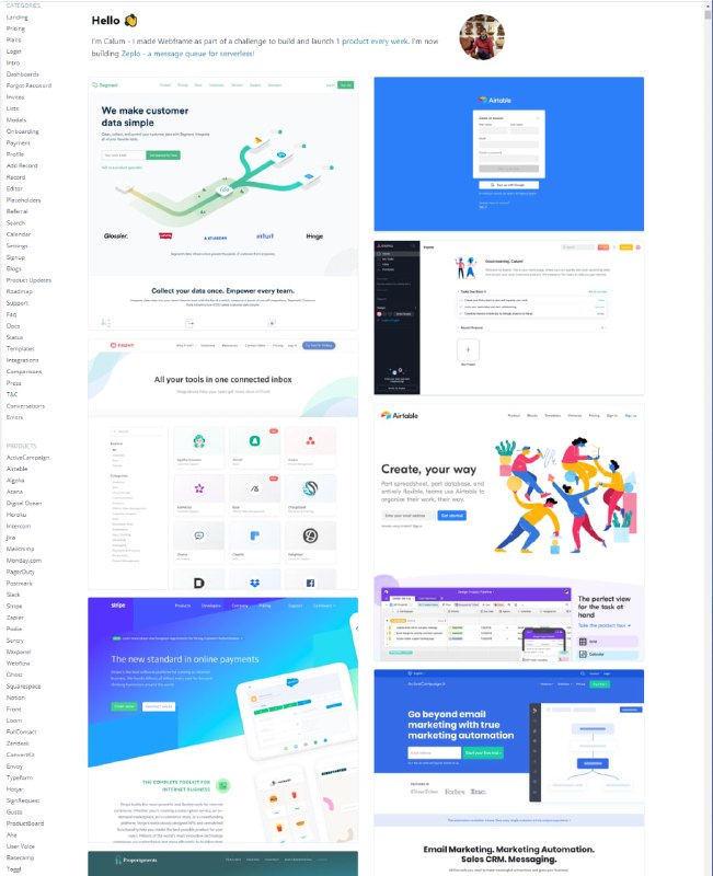 Webframe  收集设计优秀的网站，按页面类型和产品名称分类，每周都会对一个网站的多页面截图留档
