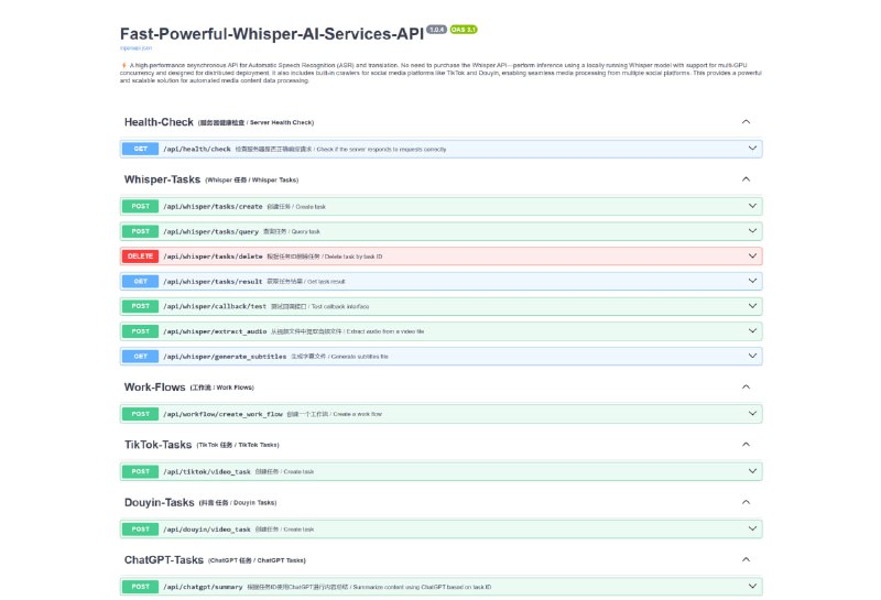 旨在构建一个强大、高性能的异步 Whisper 服务 API，支持高扩展性和分布式处理需求，适用于大规模自动语音识别场景，并集成了多平台爬虫，如抖音和 TikTok🌟 项目特色异步设计 