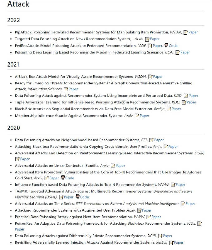 推荐系统对抗性学习(攻击/防御)相关资源（更新中）项目地址 | #推荐系统推荐系统对抗性学习(攻击/防御)相关资源（更新中）项目地址 | #推荐系统