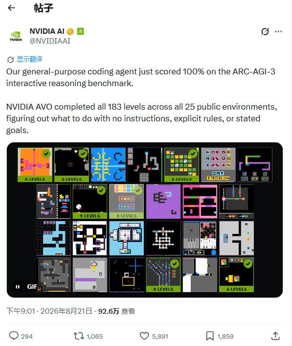 【NVIDIA在ARC-AGI拿了满分，但先别急着喊AGI降临】NVIDIA的编程智能体AVO在ARC-AGI-3公开测试集上拿到了100%的满分