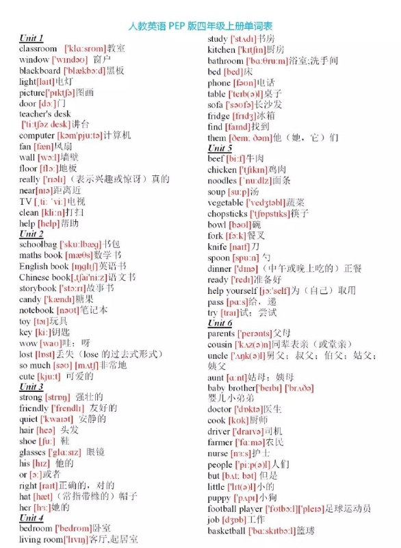 人教版 #儿童 #英语 #词汇表人教版三至六年级上册单元词汇表人教版英语从三年级开设，没有一年级和二年级英语；图片可以保存打印，方便提问、记忆和听写人教版 #儿童 #英语 #词汇表人教版三至六年级上册单元词汇表人教版英语从三年级开设，没有一年级和二年级英语；图片可以保存打印，方便提问、记忆和听写