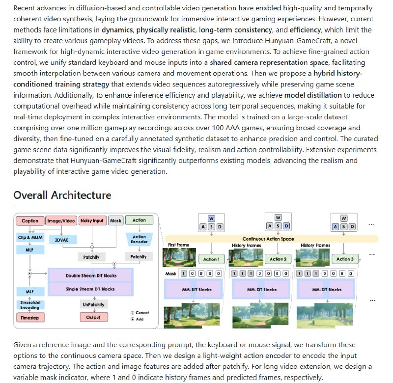 Hunyuan-GameCraft 打造高动态交互游戏视频生成新高度，融合混合历史条件实现更真实、更连贯的游戏演绎体验🎮• 统一键鼠输入至连续摄像空间，实现细粒度动作控制与流畅镜头切换  • 采用混合历史条件训练，自回归延展视频序列，保障场景信息长时一致性  • 模型蒸馏大幅降低计算开销，支持多GPU并行与单GPU低显存推理，兼顾效率与质量  • 训练基于百万级别游戏录像，覆盖百余款顶级AAA游戏，兼顾多样性与精准度  • 提供完整开源推理代码、预训练权重及 Gradio/Huggingface 演示，便捷部署与体验  • 支持FP8优化与SageAttention加速，兼容Linux环境，推荐80GB GPU获得最佳效果  Hunyuan-GameCraft不仅提升交互视频的视觉真实感和操控体验，也为实时复杂交互环境的视频合成树立了新标杆