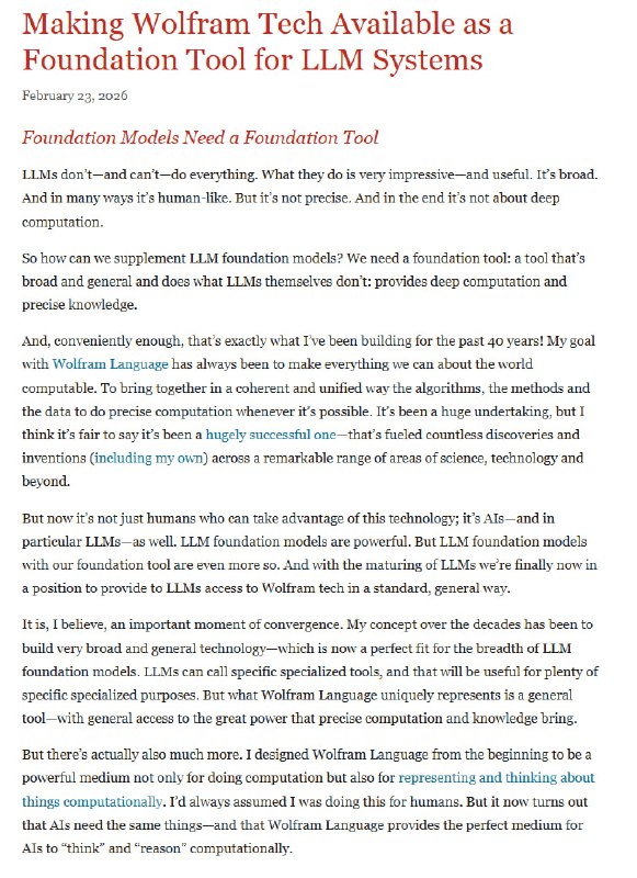Wolfram想当AI时代的“地基”，但开源社区不这么看 | blogStephen Wolfram宣布将Wolfram Language作为LLM的“基础工具”，通过MCP服务、Agent One API等形式接入各类AI系统
