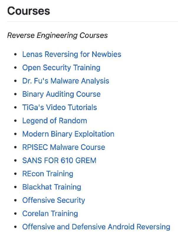 Reverse Engineering resources 一位开发者整理的逆向工程学习资源，包含书籍、课程、项目实践、开发工具等多个分类Reverse Engineering resources 一位开发者整理的逆向工程学习资源，包含书籍、课程、项目实践、开发工具等多个分类