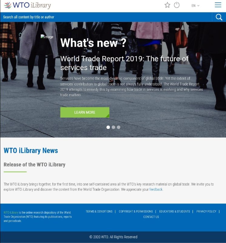 WTO iLibrary  (世界贸易组织在线 #图书馆 )，特色是出版物，报告和期刊