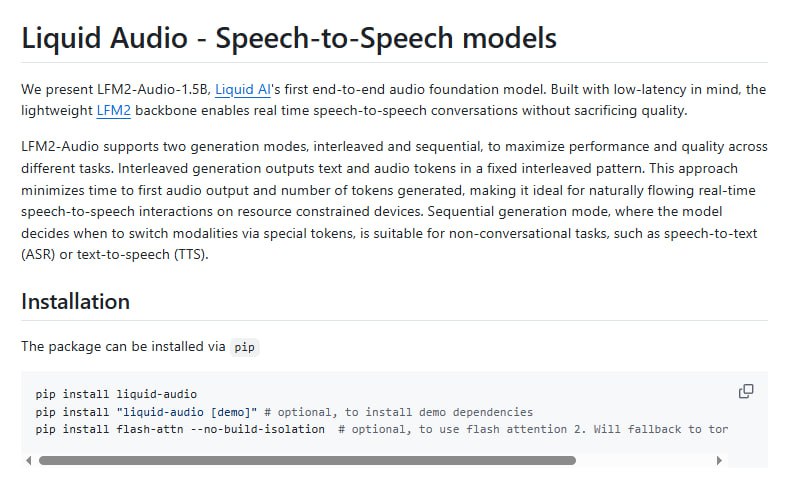 Liquid Audio 是 Liquid AI 推出的端到端音频基础模型，专注低延迟实时交互，支持高质量的语音翻译与合成