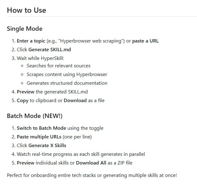 在线自动生成 SKILL.md 技能文档，助力AI编码助手高效成长！开源项目 HyperSkill基于 Next.js 搭建，结合 Hyperbrowser SDK、Serper API 和 OpenAI GPT-4o，能够帮助开发者输入一个主题或 URL，自动搜索、爬取网页内容，并智能生成结构化的 SKILL.md 技能文件