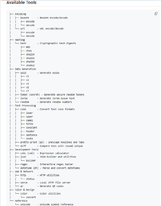 开发者日常常用的各种小工具，找半天还要装一堆软件，效率大打折扣？ut 是一个基于 Rust 的轻量级开发者工具箱，把常见的编码、哈希、UUID生成、文本处理、HTTP工具等功能整合到一个命令行程序里