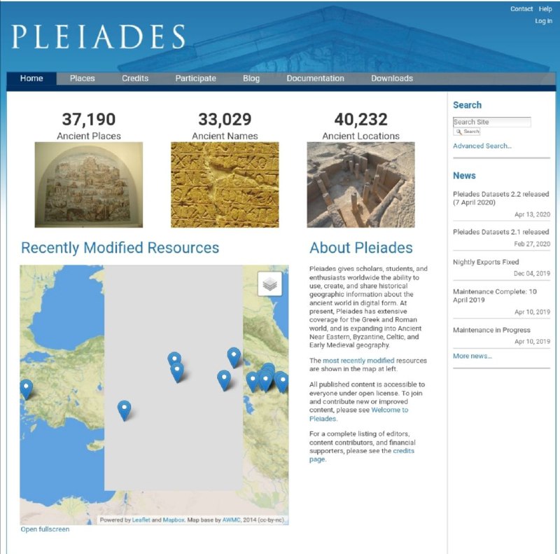 #古代地点检索 #工具 PLEIADES 收录了37190处古代地点（目前以希腊罗马为主，正在逐步扩展，以后会涵盖中世纪早期和古代近东等分区），在数据库中可以可以根据地名、相关人物、类别等不同条件检索出所需搜寻的地点并找到在现代地图的对应位置