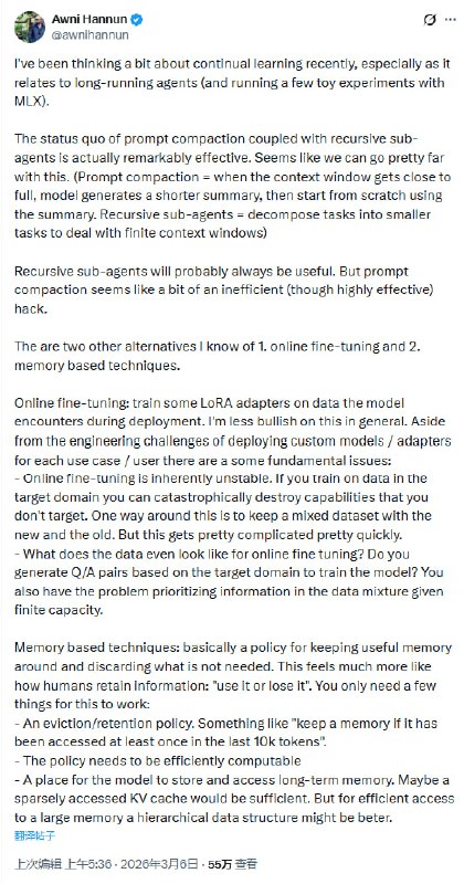 别再优化AI的“失忆症”了，我们可能从根上就搞错了架构 | 帖子当AI的对话上下文满了，我们习惯用“提示词压缩”来续命，或者用“在线微调”来教它新东西