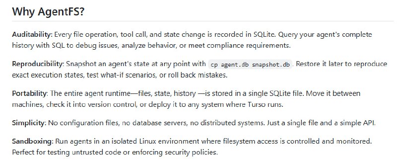传统文件系统为应用提供文件和目录的抽象，而AgentFS则专为AI代理设计，提供了符合代理需求的存储解决方案