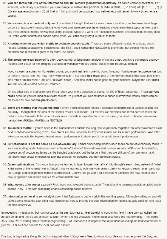 37 Things I Learned About Information Retrieval in Two Years at a Vector Database Company这篇文章总结了作者在向量数据库公司Weaviate工作的两年中，对信息检索的深刻见解