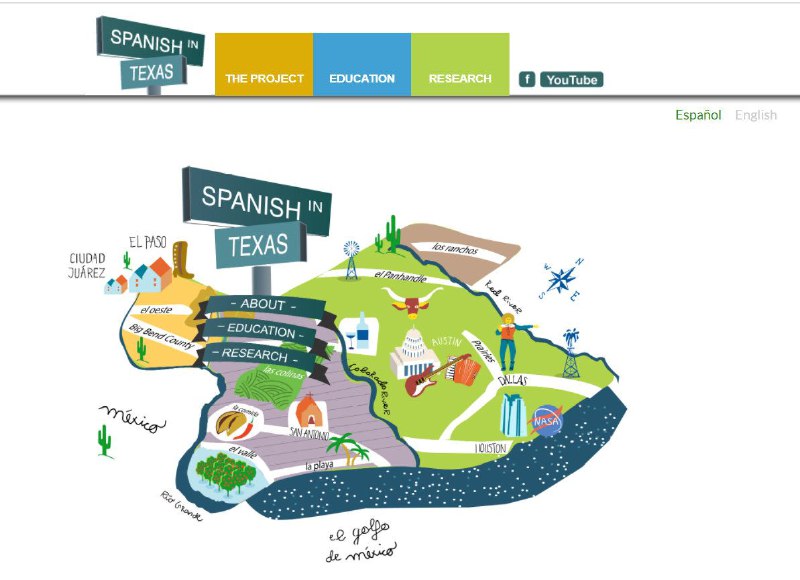 Spanish in Texas，可以在线学习德州西班牙语，由得克萨斯大学奥斯汀分校主办，可以查看语法知识和真实语音视频，内容很丰富，视频和字幕可以免费下载