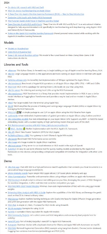 关于 Apple 的 MLX 机器学习库的精选列表，包括关于 MLX 的文章、模型、库和工具、演示、MLX Swift 等内容Awesome MLX | #机器学习