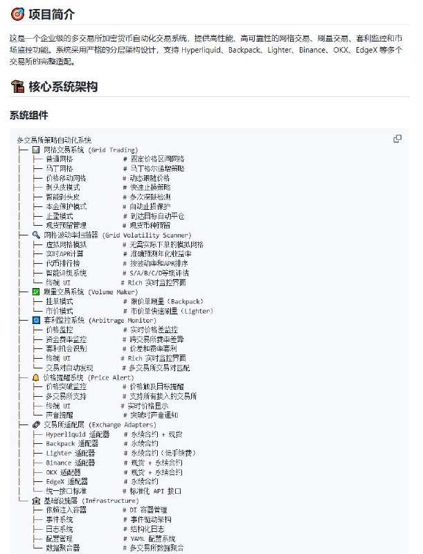 多交易所加密货币自动化交易系统，集成网格交易、刷量交易、套利监控和价格提醒等功能，支持 Binance、OKX、Hyperliquid 等多个主流交易所