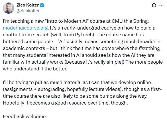 卡内基梅隆大学春季开设一门“现代人工智能导论（Intro to Modern AI）”课程，聚焦如何用PyTorch从零构建聊天机器人