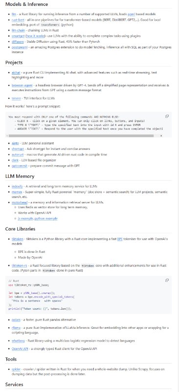 关于Rust工具、库和框架的精选列表，用于处理LLMs、GPT和人工智能 | Awesome Rust LLM | #Rust