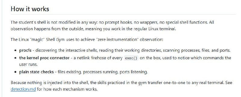 Shell Gym 是一套交互式 Linux 命令行训练系统，可将任意 Linux 主机转变为实操训练场
