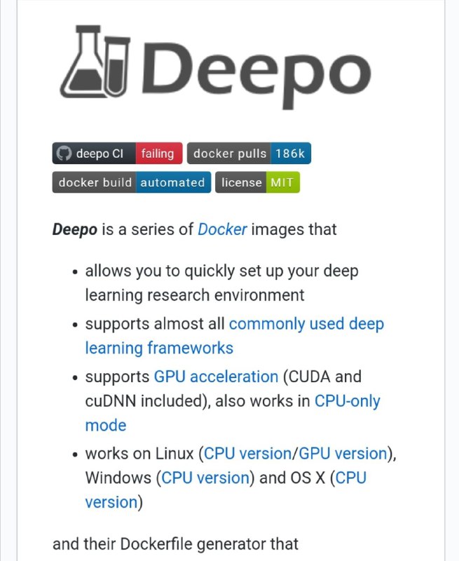 deepo 用一行命令搞定 #深度学习 环境配置，目前已兼容 Windows、Linux、macOS 等主流操作系统