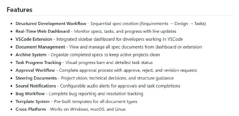 Model Context Protocol (MCP) 服务端——为 AI 辅助软件开发打造的结构化规格驱动工作流工具，集成实时网页仪表盘与 VSCode 插件，助力开发者无缝管理项目进度