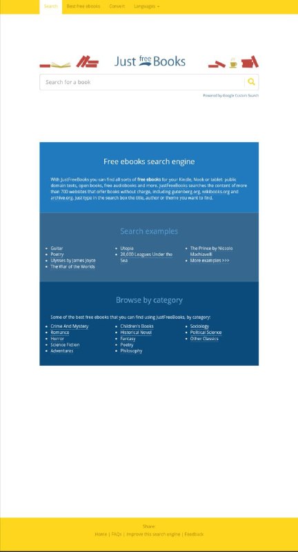 Just Free Books这个站点号称整合了古腾堡、维基教科书、互联网档案馆等700余家免费 #电子书网站 的资源，可以检索浏览