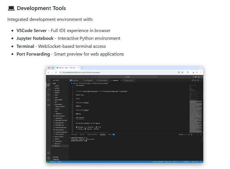 AIO Sandbox 是一个开源的全合一智能体沙箱环境，将浏览器、Shell、文件系统、VSCode 服务器及 MCP 服务整合到同一个 Docker 容器中，提供统一且安全的开发与执行环境