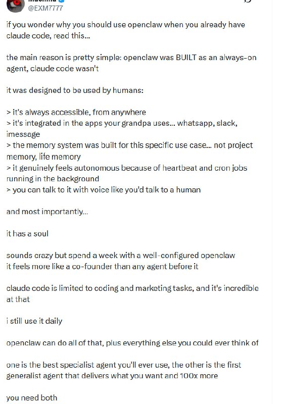 为什么你需要OpenClaw和Claude Code两个AI助手 | 帖子快速阅读