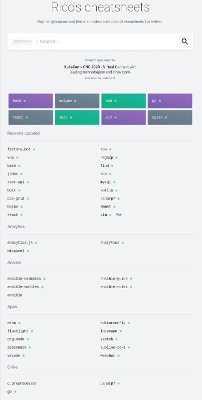 Dev Hints里面整理了各种技术类型的 #速查表 ，包括 Git、Vim、Go、MySQL、Linux、VSCode、Vue 等各大常用技术的速查表清单