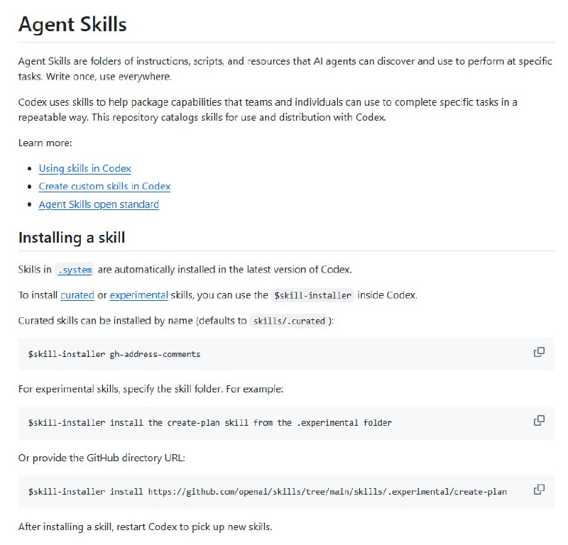 OpenAI 发布了超实用的开源项目「Skills Catalog for Codex」，它收集了大量可被 AI 代码代理（Codex）调用的技能包，帮助实现各种编程任务的自动化和智能化