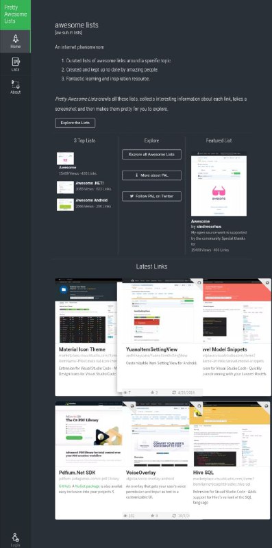 Pretty Awesome Lists（PAL）这是一个网罗了各大技术资源的网站，其中有 GitHub Star 数达 13w+ 的 Awesome 项目