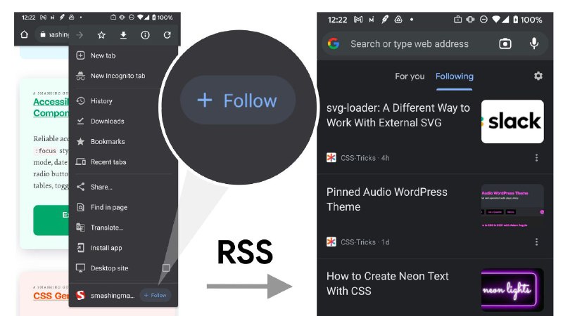 Chrome正在针对具有RSS feed的网站尝试使用原生的“关注”功能