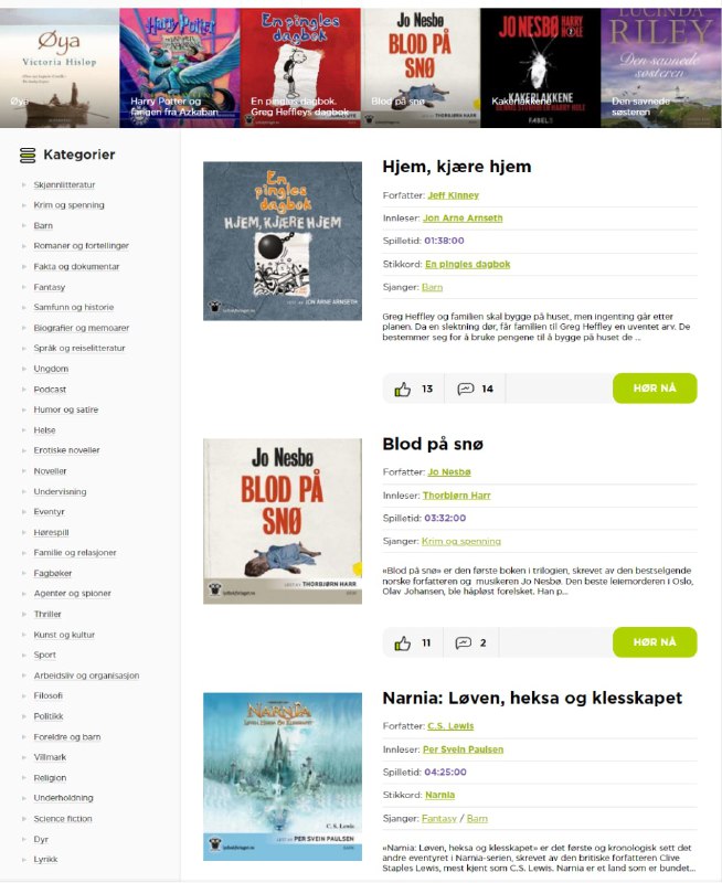 一个挪威的在线有声书网站内容有挪威语的各种有声书，其中幻想类包括纳尼亚传奇、魔戒系列、哈利波特系列和挪威著名作家Jorn Lier Horst 的作品，科幻小说不多，有1984、阿西莫夫作品、地铁系列等传送门 |  #有声书  #电子书一个挪威的在线有声书网站内容有挪威语的各种有声书，其中幻想类包括纳尼亚传奇、魔戒系列、哈利波特系列和挪威著名作家Jorn Lier Horst 的作品，科幻小说不多，有1984、阿西莫夫作品、地铁系列等传送门 |  #有声书  #电子书
