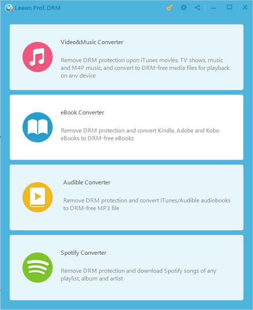 Leawo Prof. DRM Music Converter 是一款 DRM 文件转换 #工具 ，支持将包括 Apple 音频、视频、电子书等包含 DRM 加密的文件转换为常用的多媒体格式，并且去除 DRM，让你可以方便使用这些文件