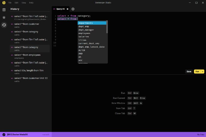 一款开源的跨平台 SQL 编辑器，提供 SQL 语法高亮、自动补全、数据表内容筛选与过滤、连接 Web 数据库、存储历史查询记录等功能该编辑器支持 SQLite、MySQL、MariaDB、Postgres 等主流数据库，并兼容 Windows、macOS、Linux 等桌面操作系统