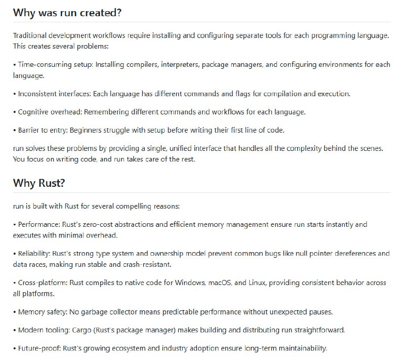 多语言开发环境切换烦恼多？试试 run —— 一个用 Rust 打造的开源多语言运行器和智能 REPL，支持 25+ 编程语言，无需安装繁复工具链，一条命令即可运行、编译和测试代码