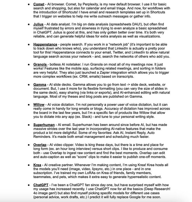 作为a16z的 AI 合作伙伴，Olivia Moore 分享了她每周甚至每日实际使用的核心 AI 工具栈，以及目前正在测试的潜力新品，极具参考价值 | 推特贴文核心 AI 工具栈