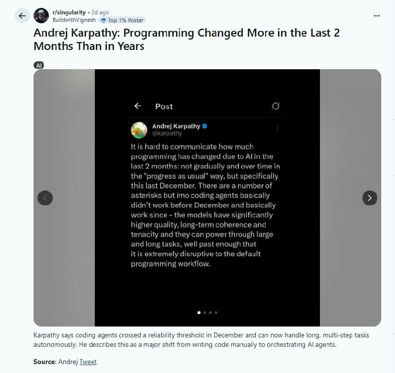 过去两个月，编程这件事悄悄换了一套规则 | 帖子Andrej Karpathy指出，AI coding agent在去年12月经历了一次质变，从“基本不能用”变成了“基本好用”