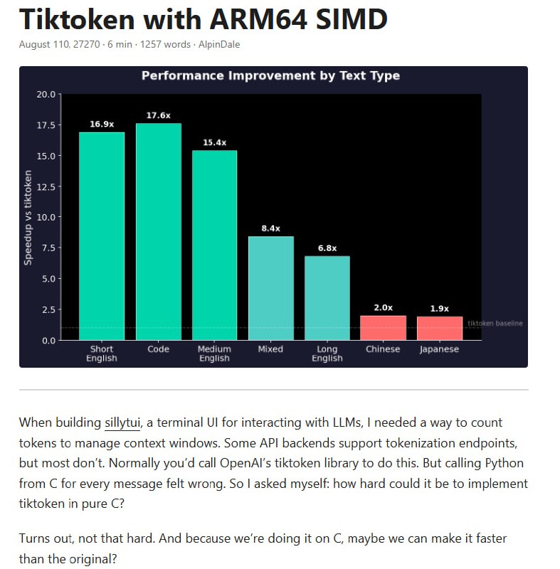 Tiktoken with ARM64 SIMD作者成功在纯C中重新实现了OpenAI的tiktoken库，并通过ARM64 SIMD指令集优化，实现了显著性能提升