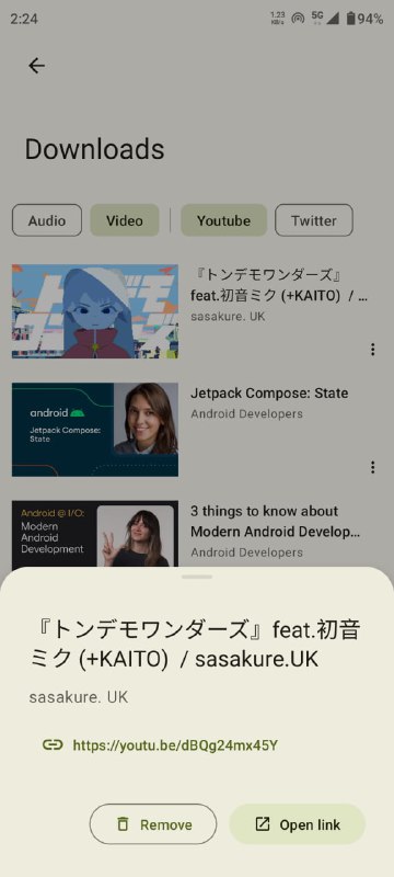 一个开源的 Material You 风格的视频下载软件，可以从开源项目 yt-dlp 所支持的数千个视频平台下载视频与音频，使用 Jetpack Compose 进行开发功能特色📌从 yt-dlp 所支持的数千个视频平台下载视频与音频📌提取媒体元数据与专辑封面，调用 mutagen 嵌入到提取的音频文件中📌播放列表下载支持📌内嵌字幕于视频文件中📌执行自定义的 yt-dlp 命令模板📌管理应用内下载与自定义命令模板📌使用简单、用户友好📌遵循 Material Design 3 设计规范，实现了 动态色彩 主题的应用界面📌MAD