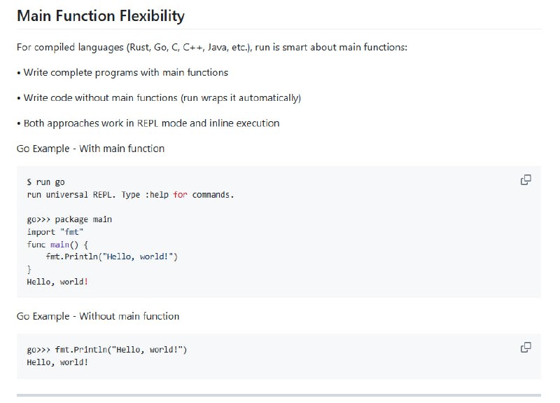 多语言开发环境切换烦恼多？试试 run —— 一个用 Rust 打造的开源多语言运行器和智能 REPL，支持 25+ 编程语言，无需安装繁复工具链，一条命令即可运行、编译和测试代码
