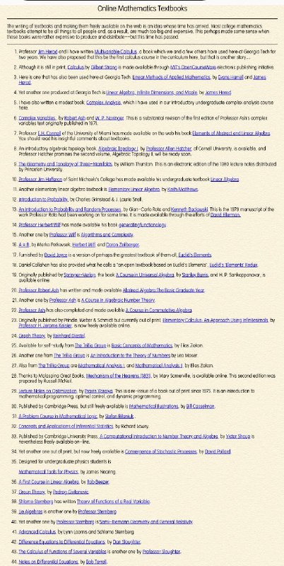 Online Mathematics Textbooks，一个在线的大学数学及相关学科教学资源页面，大部分可以在线阅读或者直接下载Online Mathematics Textbooks，一个在线的大学数学及相关学科教学资源页面，大部分可以在线阅读或者直接下载