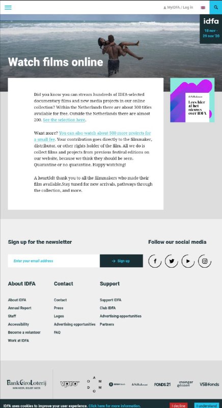 欧洲最大的纪录片影展阿姆斯特丹 #纪录片 节（idfa）在其官网放出300多部全球纪录片供在线观看，会员还可增加至500多部