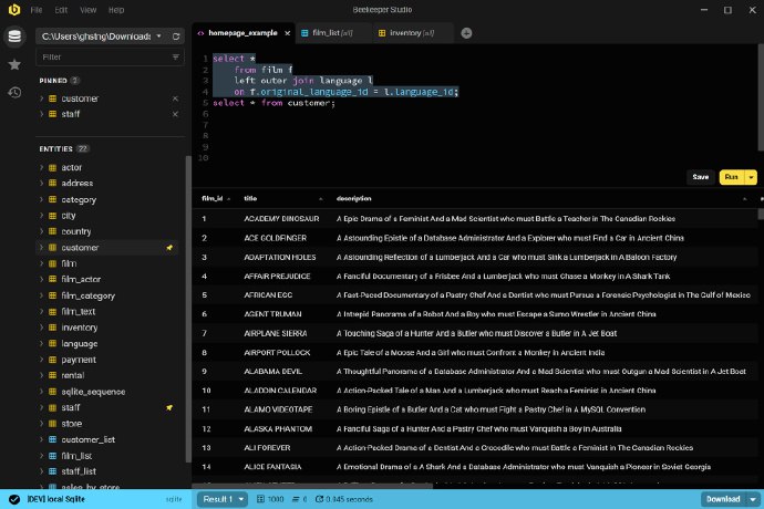 一款开源的跨平台 SQL 编辑器，提供 SQL 语法高亮、自动补全、数据表内容筛选与过滤、连接 Web 数据库、存储历史查询记录等功能该编辑器支持 SQLite、MySQL、MariaDB、Postgres 等主流数据库，并兼容 Windows、macOS、Linux 等桌面操作系统
